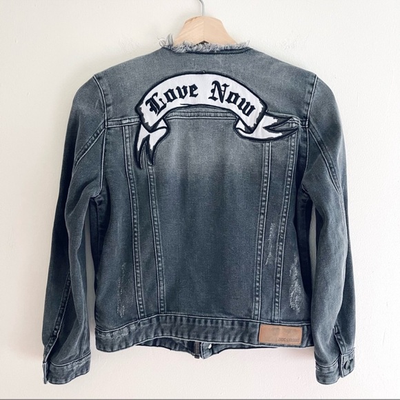 Zadig & Voltaire Kioky Gris Love Now Embroidered Collarless Denim Jacket Black S - Picture 2 of 14
